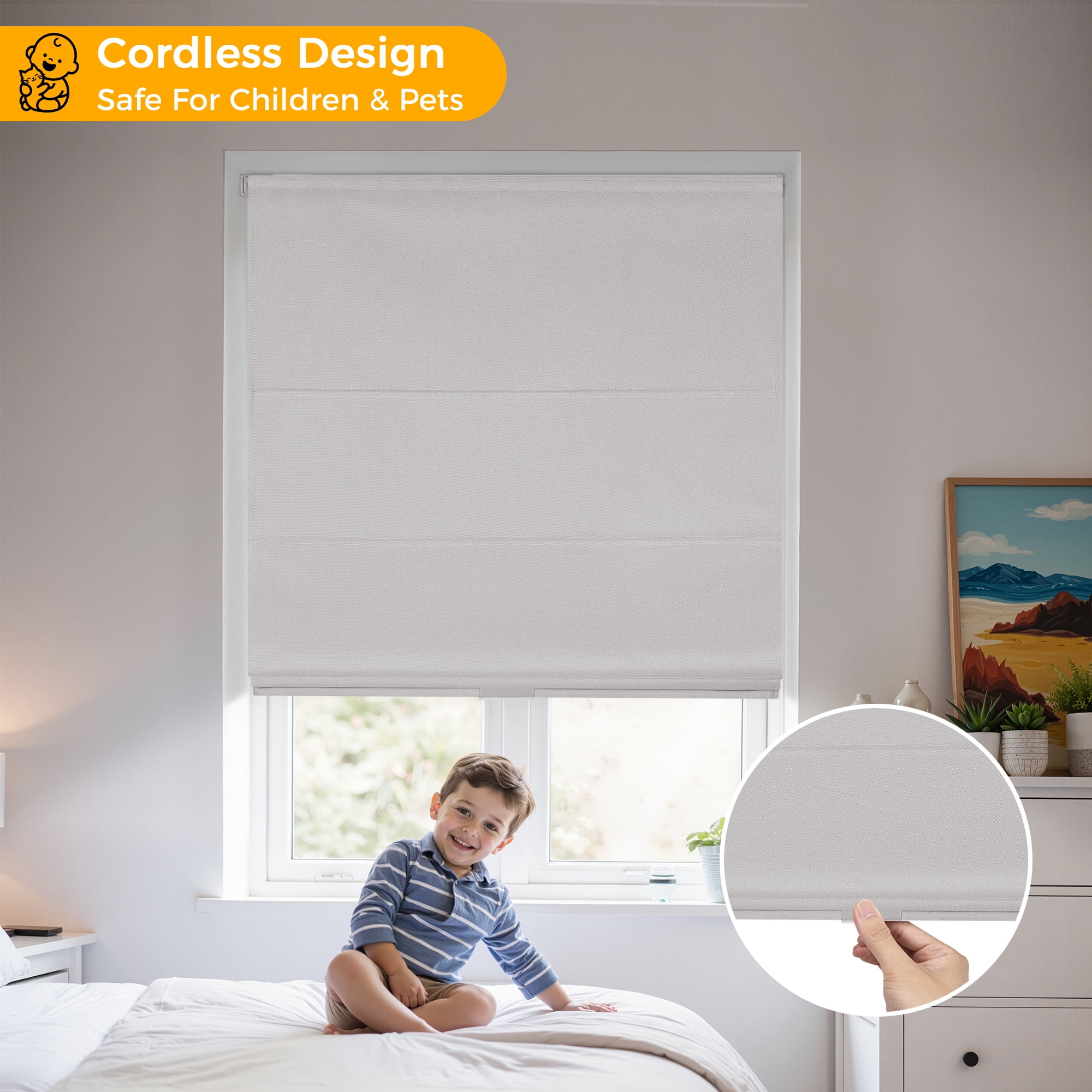 No Drill No Tools Cordless Roman Shades for Window,Room Darkening Easy Install Linen Fabric Blackout Roll Up Roman Blinds Window Blinds Inside Mount 23" W x 60" H Grayish White