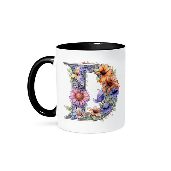3drose, Bright Beautiful Flower Monogram D, 11oz Two-tone Black Mug