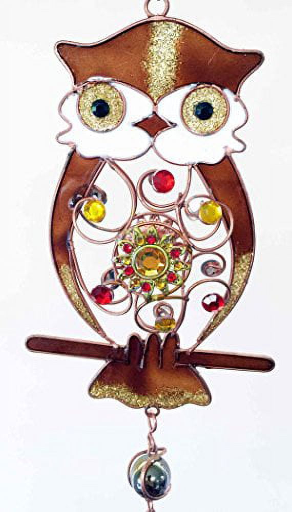 Whimsical Gemstone Hoot Owl Resonant Relaxing Copper Wind Chime Garden Patio