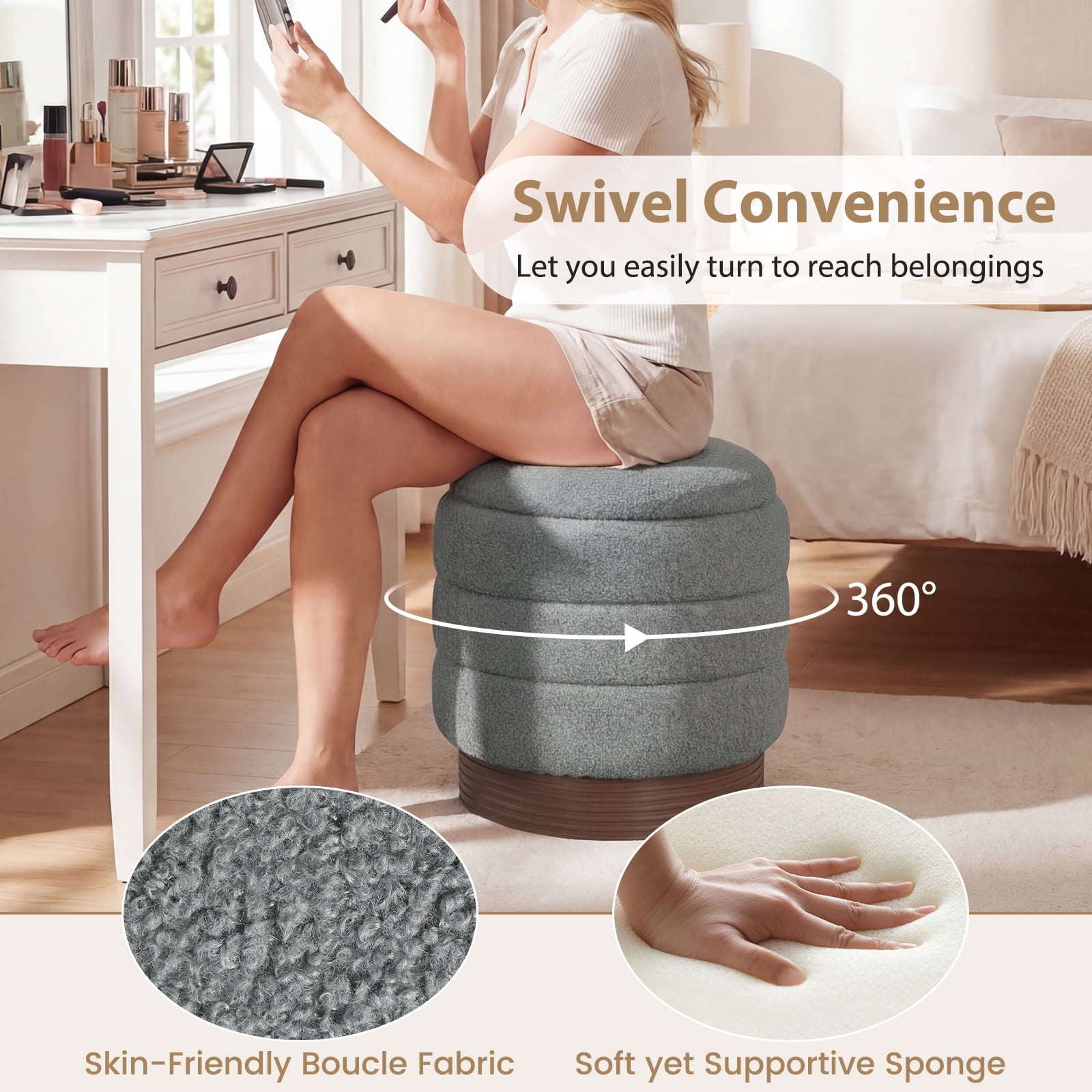 Costway 360° Swivel Boucle Foot Rest with Hidden Storage, 400 Lbs Weight Capacity Footstool Gray and Brown