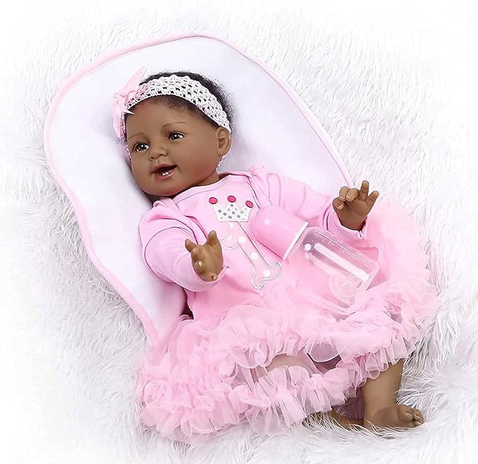 iCradle Finished 22 Inch 55cm Black Reborn Baby Doll Girl African American Realistic Reborn Toddler Dolls Lifelike Newborn Soft Cloth Body with Brown Eyes Babies Doll Gift Toy for Kids 3+