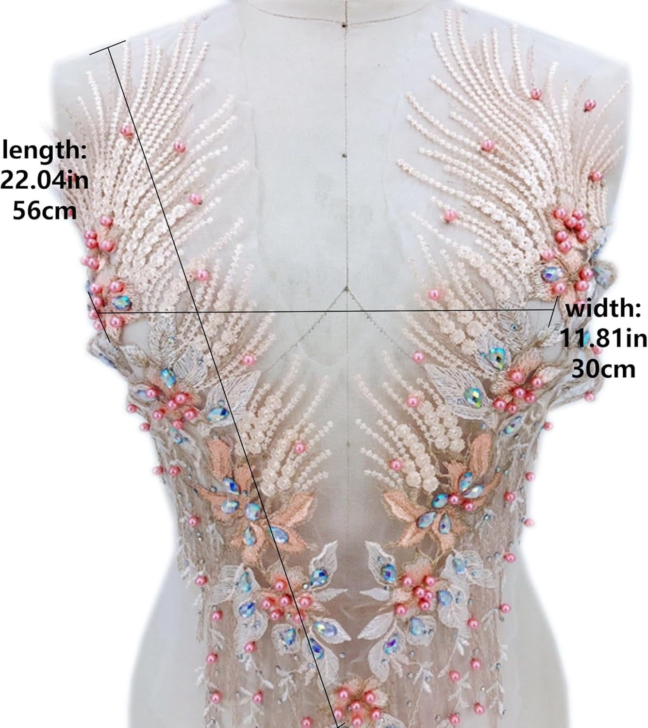 Handmade Rhinestone Applique: 3D Lace Applique Beaded Embroidered Trim - Bodice Applique, Rhinestone Fabric Patches for Sewing Clothes Wedding Bridal Dress Decorative (Champagne)