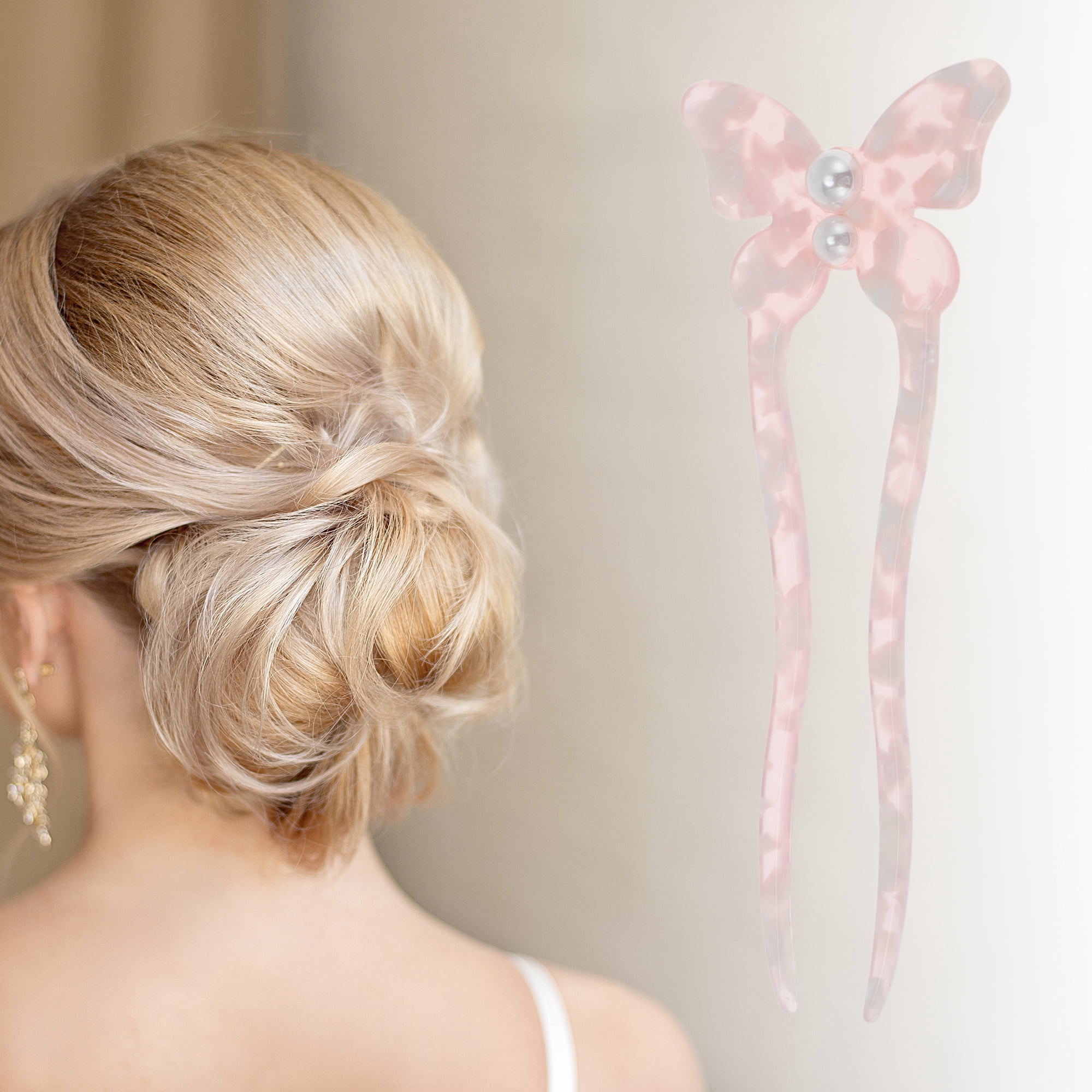 Unique Bargains Simple Comfortable No Slip Butterfly Hair Forks for Women 1 Pc Pink