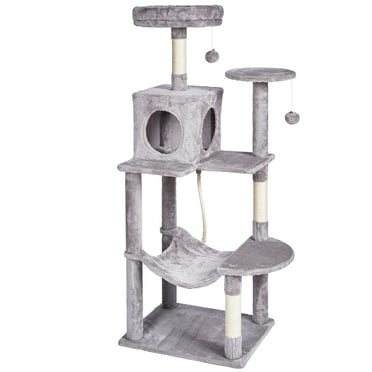 KFFKFF Indoor Cat Climbing Frame, 56.2" Multi-Level Cat Playhouse Cat Tree with Cozy Condo, Durable Sisal Posts for Scratching, Hammock, Elevated Lookout, Play Platforms, Play Ball (Light Grey)