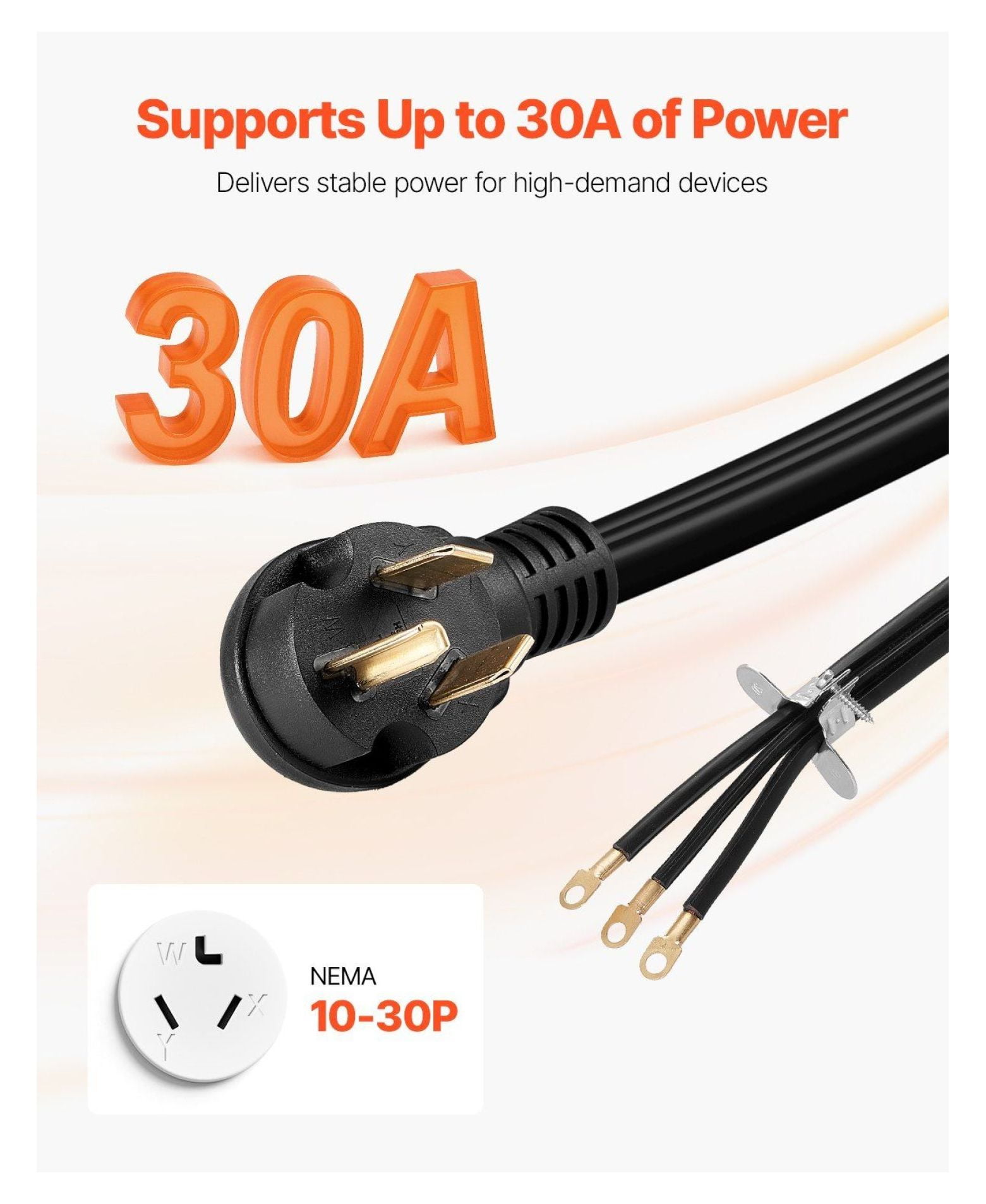 10 ft Dryer Power Cord 3-Prong NEMA 10-30P, Heavy Duty Dryer Cord with Eyelet Connectors, 30 Amp 10AWG Copper Wire, Appliance Power Cable
