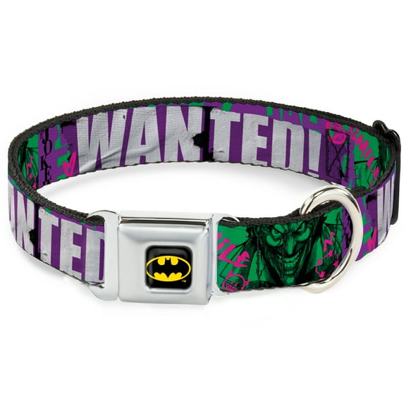DC Comics Pet Collar, Dog Collar Metal Seatbelt Buckle, The Joker Wanted Smiling Pose and Graffiti Purples Greens, 9.5 to 13 Inches 1.0 Inch Wide