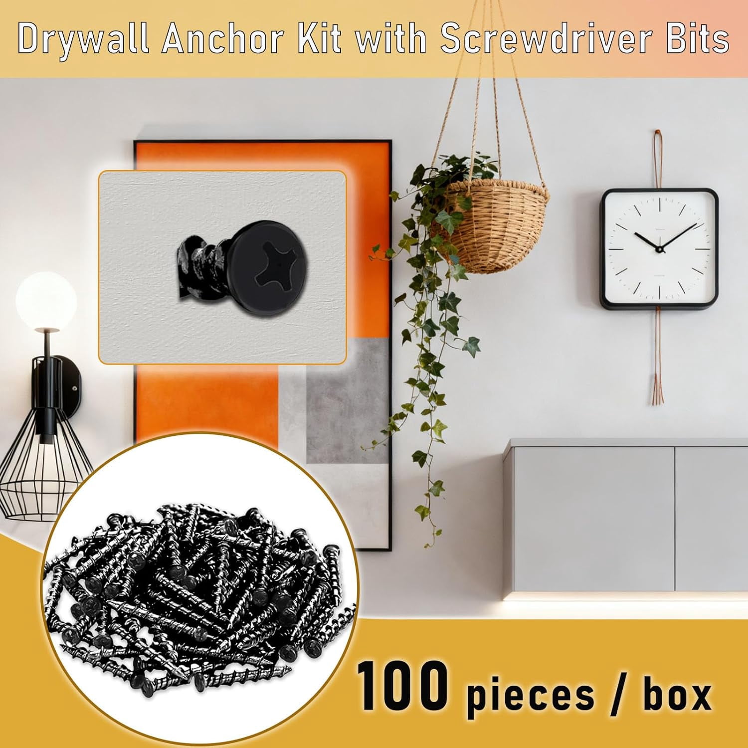Drywall Anchors with Screwdriver Bit Included, 1/4 x 1-1/2 Inch Black Coated Pan Head Alloy Steel, 100-Pack Heavy Duty Wall Anchors for Drywall, Wood & Masonry Materials