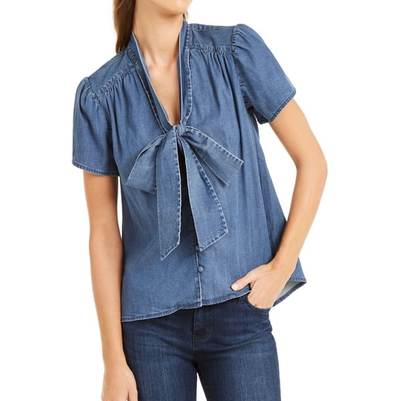 I.N.C Womens Tie-Neck Denim Baby Doll Blouse, Blue, X-Small