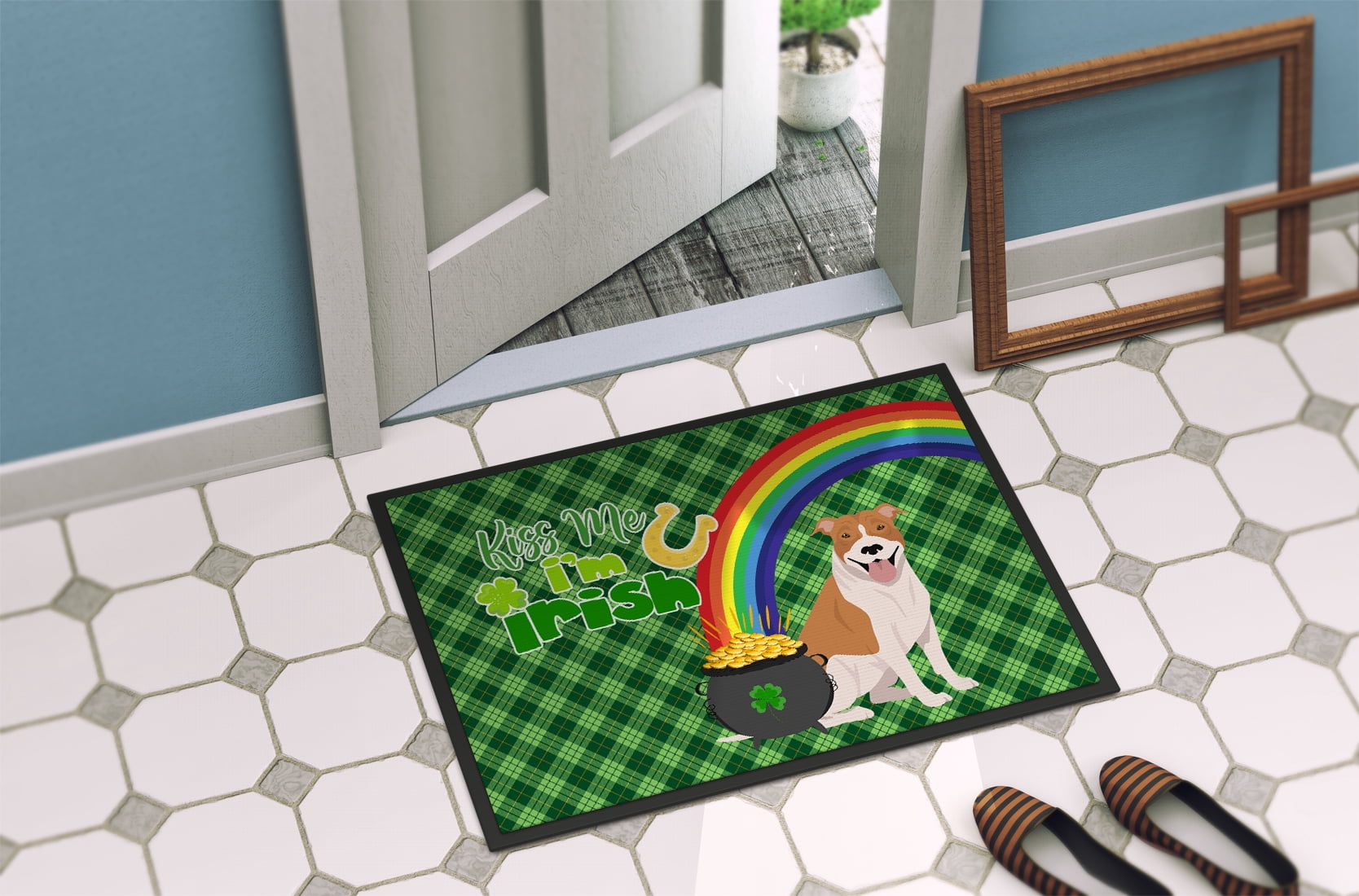 Red and White Pit Bull Terrier St. Patrick's Day Indoor or Outdoor Mat 24x36 36 in x 24 in