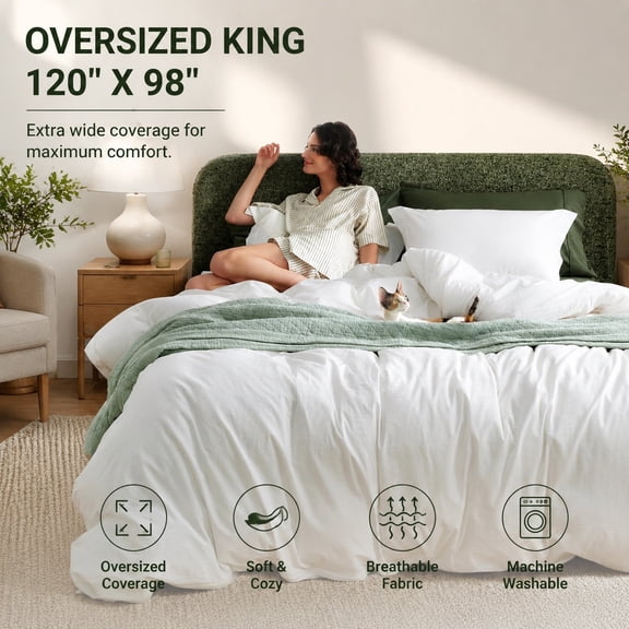 PureWoven 100% Washed Cotton Oversized King Duvet Cover Set, 3-PC, Linen Texture, Percale Breathable, Zipper Closure, 8 Corner Ties, Natural White, 120" X 98
