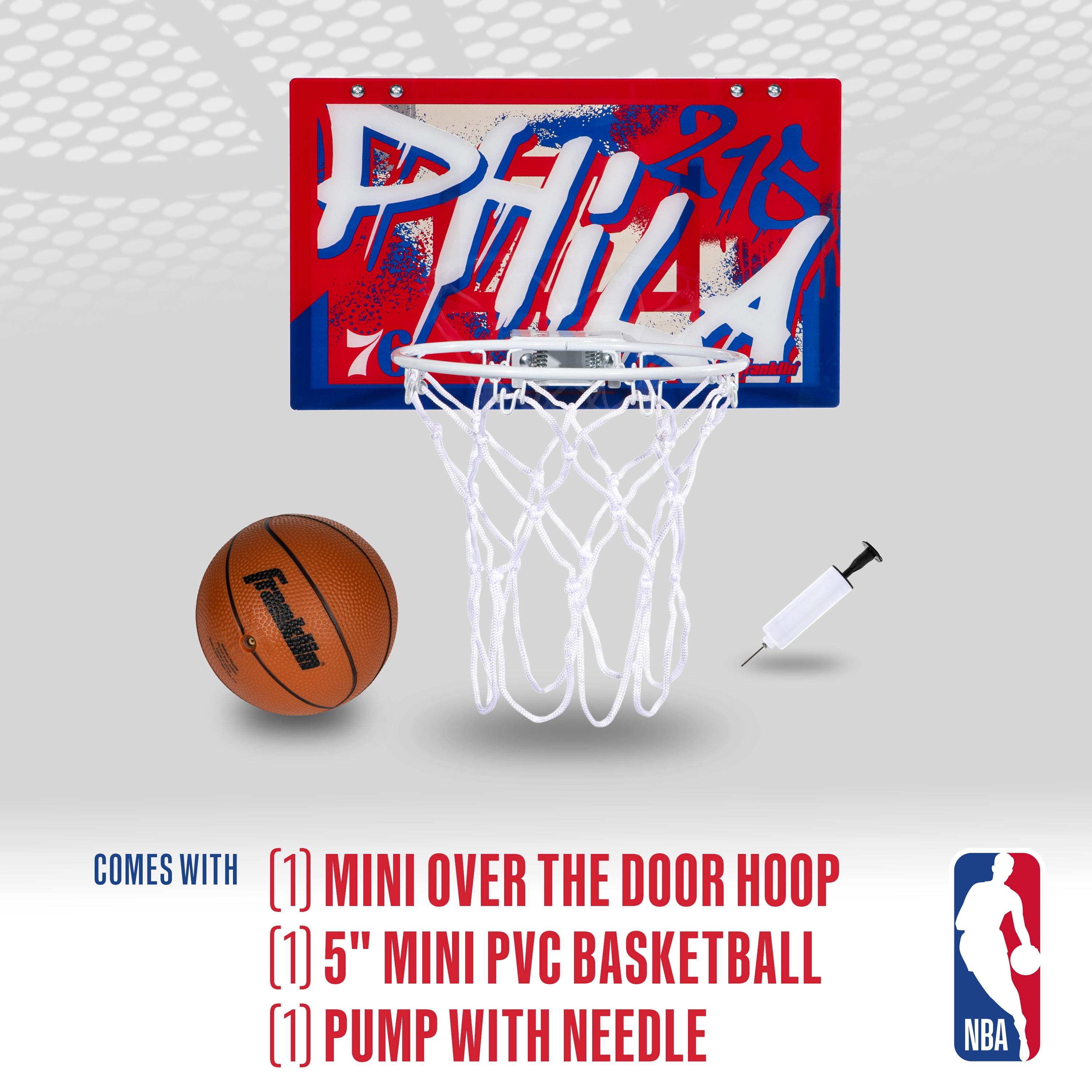 Franklin Sports NBA Philadelphia 76ers Over the Door Basketball Hoop - Kids Indoor Basketball Hoop with Mini Basketball - NBA Fan Shop Mini Hoop for Bedroom + Office - Over the Door Mini Hoop Set
