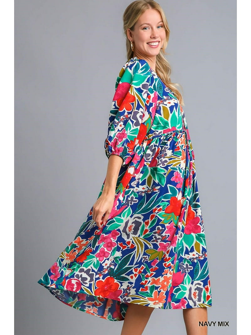 Umgee Floral Print Tie Neck Midi Dress with Pockets - Walmart.com