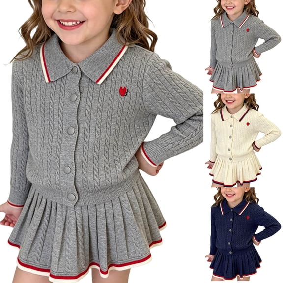 Toddler Girls Outfit 1-8 Years, Preppy Style Knit Cardigan Sweater and Pleated Skirt 2 Piece Set Collared Button Down School Uniform Outfit for Kids Gray