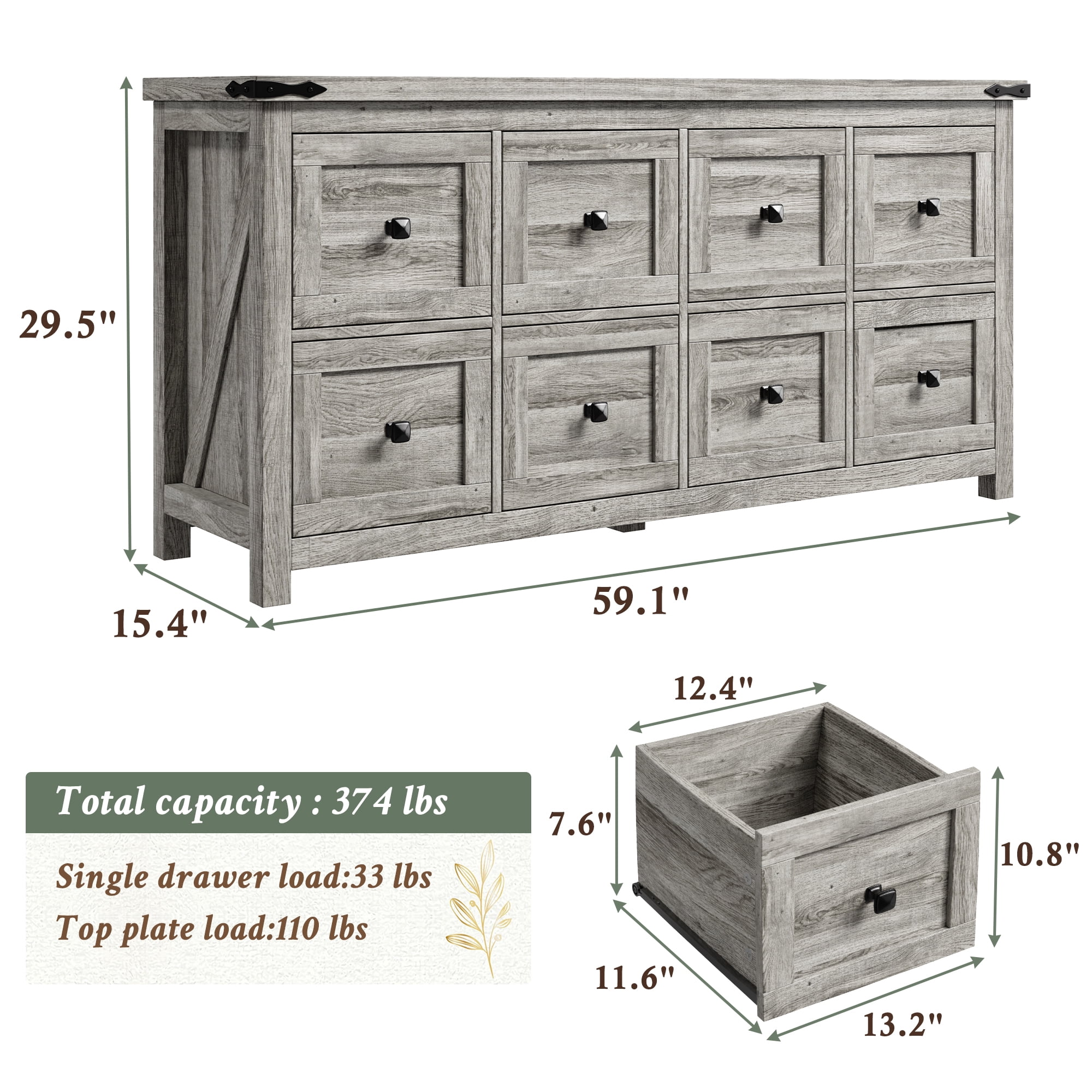 EnHomee Dresser for Bedroom Wooden Dresser with 8 Drawers Farmhouse Dresser TV Stand，Gray