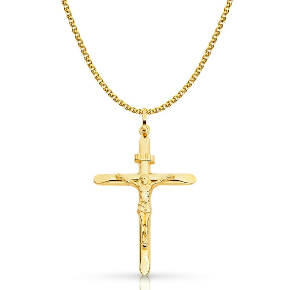 14K Yellow Gold Crucifix Pendant with 1.7mm Flat Open Wheat Chain Chain Necklace - 22"