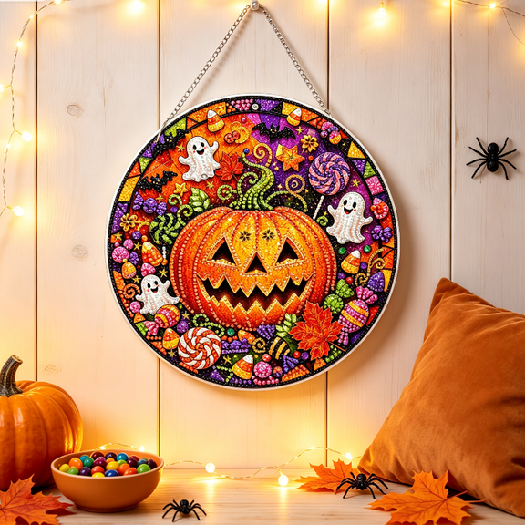 Halloween Diamond Art Hanging Kits for Adults Beginners, DIY Acrylic 5D Special Shaped Crystal Diamond Gem Art Painting Hanging Ornament for Home Wall Decor and Gift (Pumpkin)