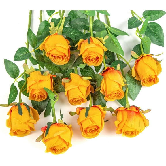 Nvzi 10pcs Artificial Rose Flowers Long Stem Fake Silk Roses for DIY Wedding Bouquet Home Decor (Orange)