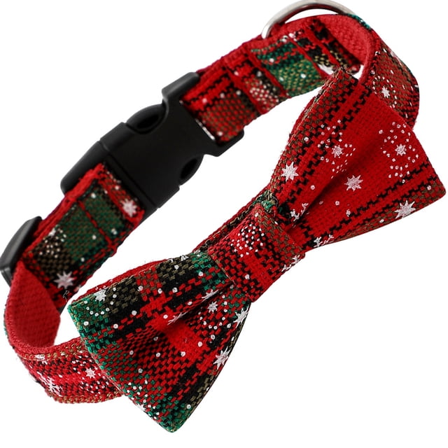 Laklulu Collar para perro y gato, pajarita, cuadros de búfalo, Navidad, invierno, copo de nieve, collar para mascotas, verde