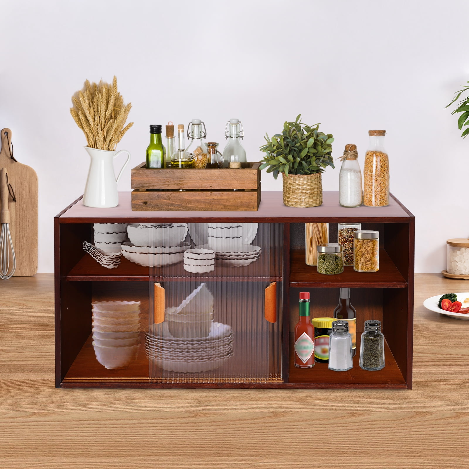 Kitchen Pantry Cabinet, Wall Mounted Bamboo Pantry Sideboard Wood Small 2-Tier Countertop Storage Cabinet with Sliding Glass Door Food & Utensils Cupboard for Dining Room, Home