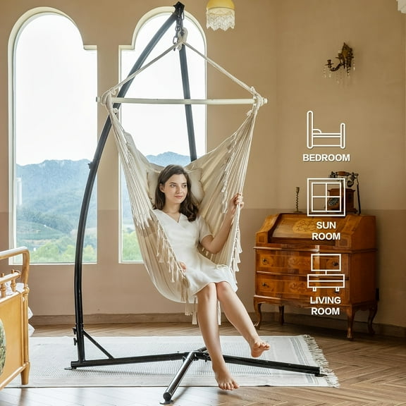 Hammock Swing Stand, Hanging Chair C-Stand, Outdoor Solid Steel Heavy Duty Stands Only Construction w/Buckle & Spring Hook, for Indoor, Air Porch, Tree Tent, Lounger, Patio, Deck, Yard 330 lbs