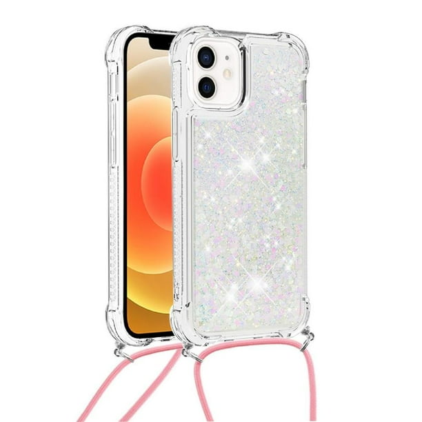 Funda FOXDOCK para iPhone 12 con Cuerda Ajustable, Brillo Líquido, Protección Antigolpes y Lente – Ideal para Regalo