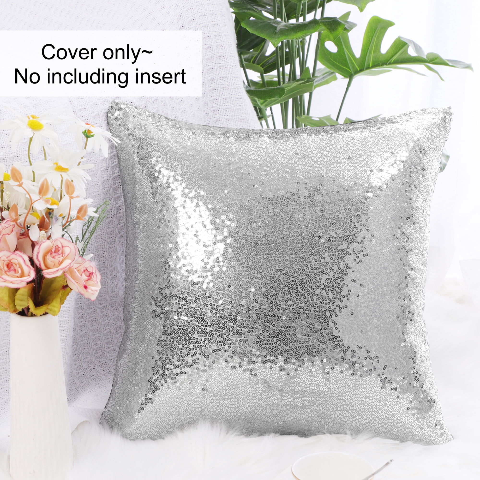 Unique Bargains Sparkling Sequin Decorative Throw Pillow Cover 16" x 16" Silver Tone