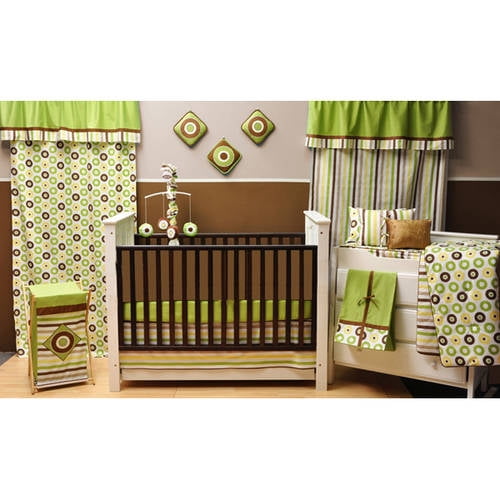 Bacati - Mod Dots Stripes 10-Piece Crib Bedding Set with Two Crib Sheets - Green/Yellow/Chocolate Unisex