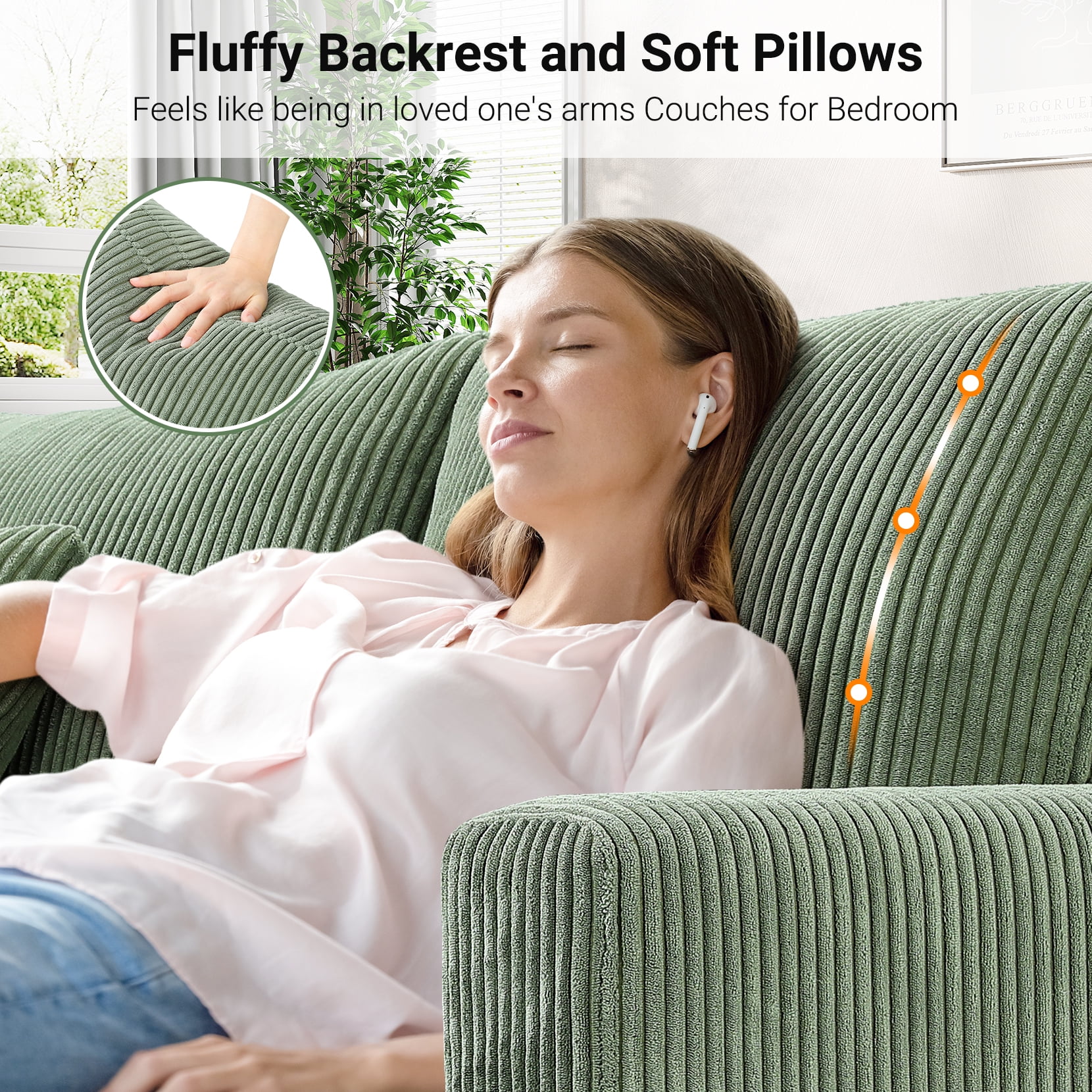 87" Corduroy Sofa,3 Seater Sofa with Extra Deep Seats,Neche Comfy Upholstered Couch for Living Room,2 Pillows,Green