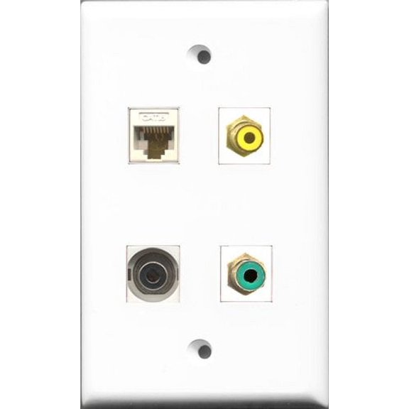 RiteAV 1 Port RCA Yellow and 1 Port RCA Green and 1 Port 3.5mm and 1 Port Cat6 Ethernet White Wall Plate