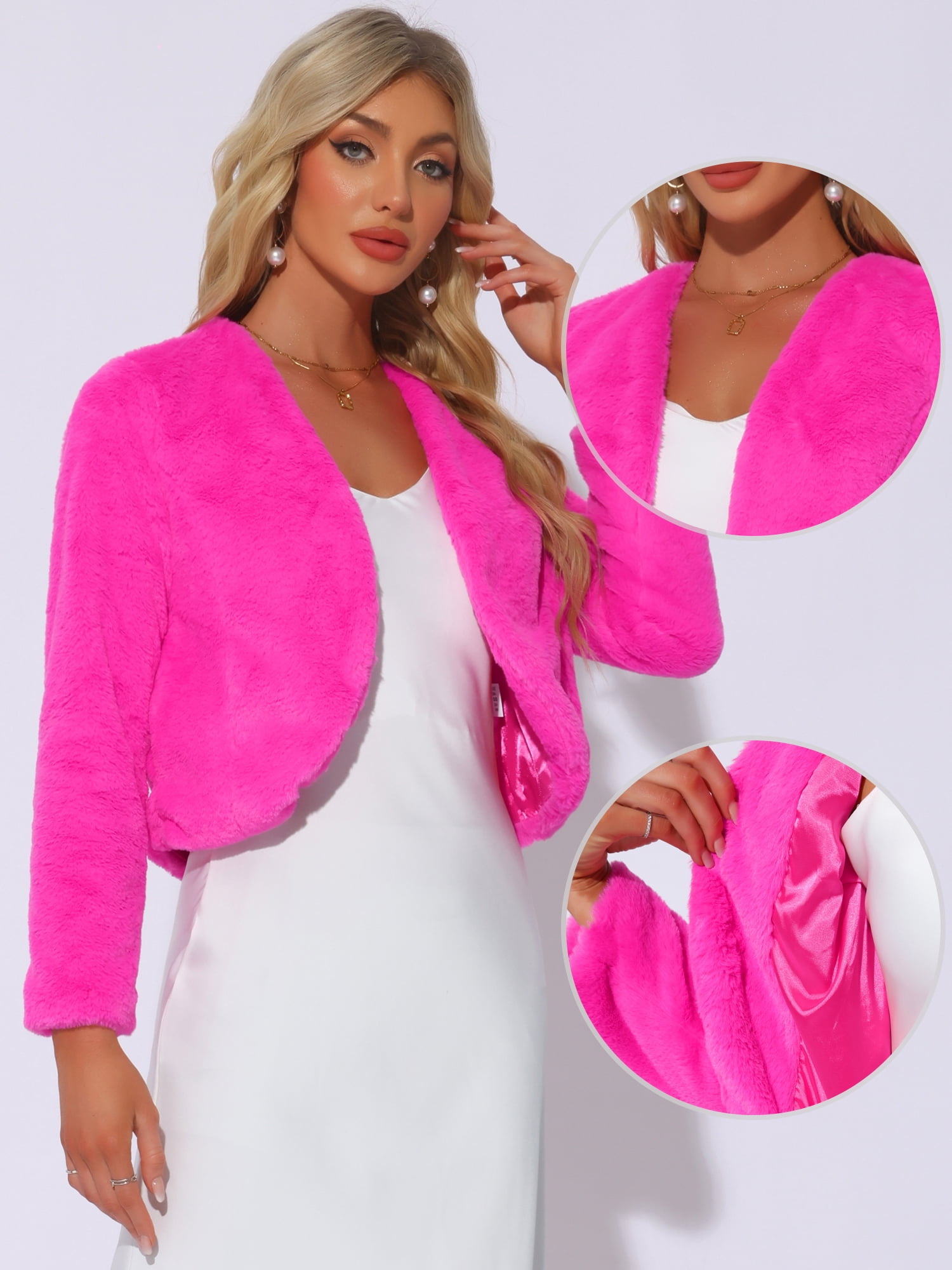 DARING DIVA Women's Faux Fur Cropped Open Front Jacket Bolero Coat M Hot Pink