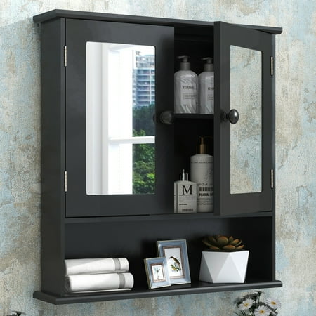 Medicine Cabinet, Medicine Cabinets for Bathroom with Mirror 2 Doors 3 Open Shelf, Bathroom Cabinet Wall Mounted Wooden Storage Over Toilet Laundry Room Kitchen