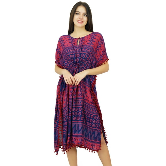 Bimba Womens Designer Printed Caftan With Pom-Pom Beach Covery Up Chic Kaftan Dress