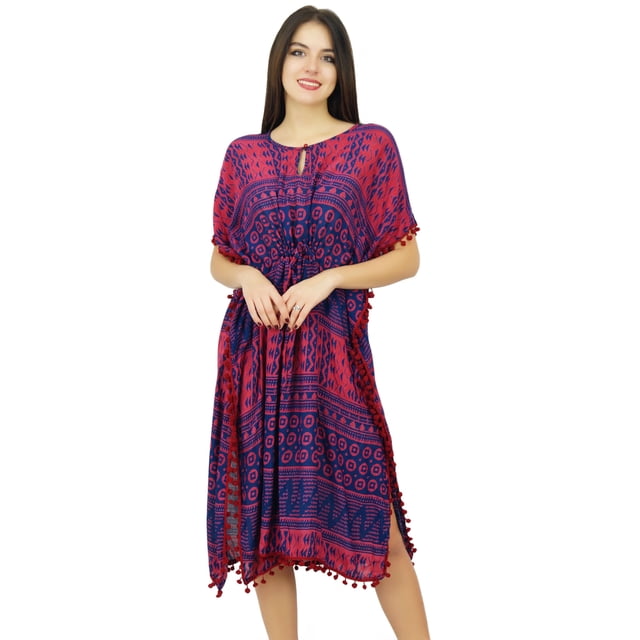 Bimba Caftan Imprimé pour Femmes de Designer avec Pompon, Couvre-Maillot de Plage, Robe Kaftan Chic