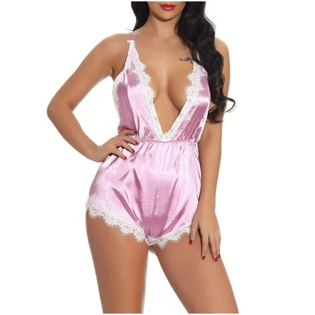 

JeashCHAT Plus Size Lingerie for Women Sexy Lingerie Deep V Mesh See-through Sexy Pajamas Elastic Sling One-piece