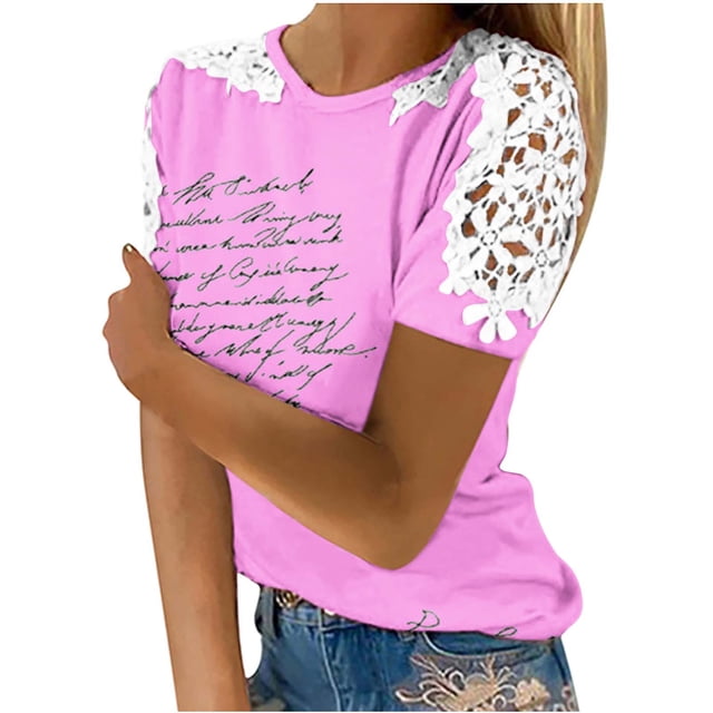 Camisas de Manga Corta para las Mujeres Impresión Cuello Redondo Suéter Encaje Camisa, Blusa de Verano Casual para las Mujeres