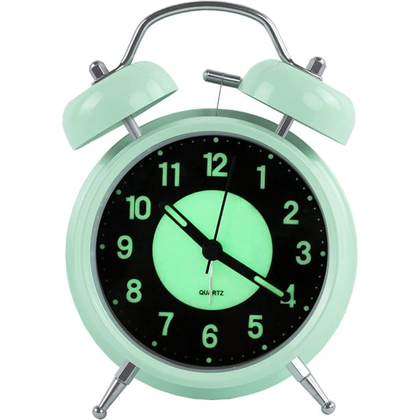 Reloj despertador iluminado de 4 pulgadas, reloj despertador de cuarzo sin boleto analógico retro de doble campana con alarma de sonido y luz nocturna, caja de metal (verde) JAMW Sencillez