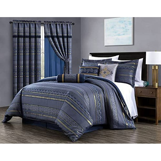 Rio 7Piece California King Jacquard Comforter Set Blue Floral Geometric Damask Woven Bedding