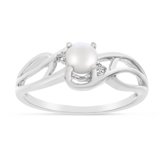 14k White Gold Freshwater Cultured Pearl And Diamond Curve Ring