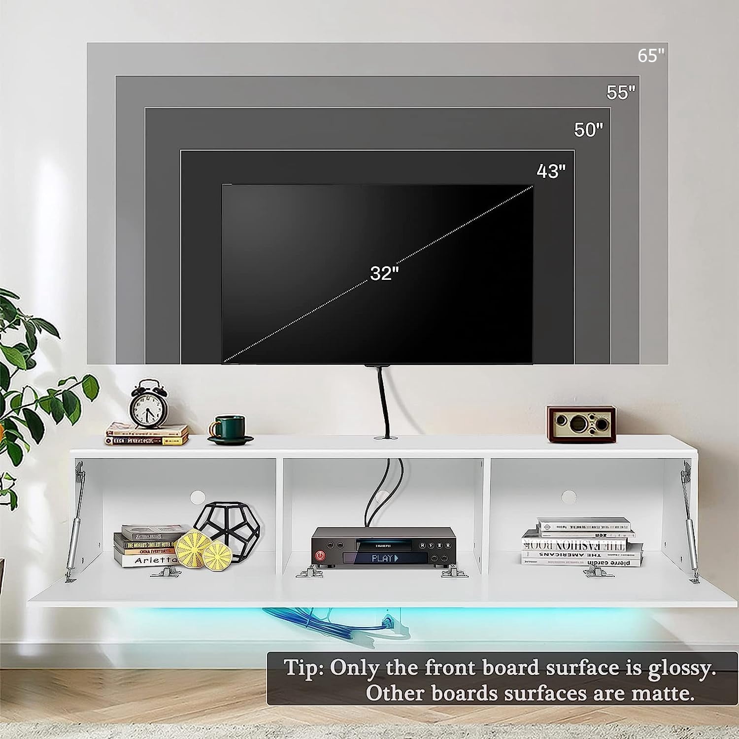 Hommpa Wall Mounted Floating TV Stand with LED Lights Modern Entertainment Center for TVs for up to 65" Media Console TV Unit with Storage Cabinets White High Gloss for Living Room Bedroom