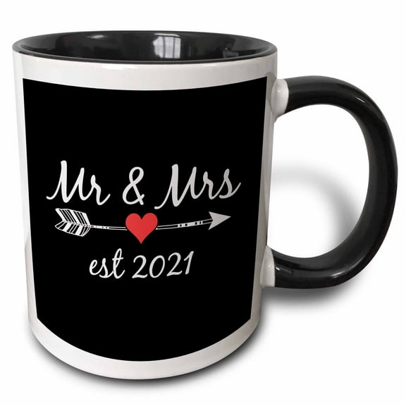 3drose, Mr and Mrs Est 2021 White Lettering and Arrow with Red Heart on Black., 11oz Two-tone Black Mug