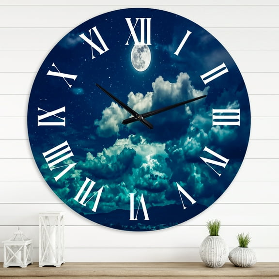 Designart 'Full Moon In Cloudy Night Sky Ii' Nautical & Coastal Wall Clock