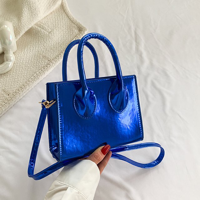 Bolso de mujer Bolso cuadrado pequeño de moda Bolso de mano sólidos de cuero PU (Azul)