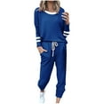 thumbnail image 3 of QIUOMBBP Blue Women's 2 Piece Lounge Sets Color Block Loose Long Sleeve Tops Matching Cinch Bottom Jogger Pants Tracksuits Going Out Outfits S, 3 of 9