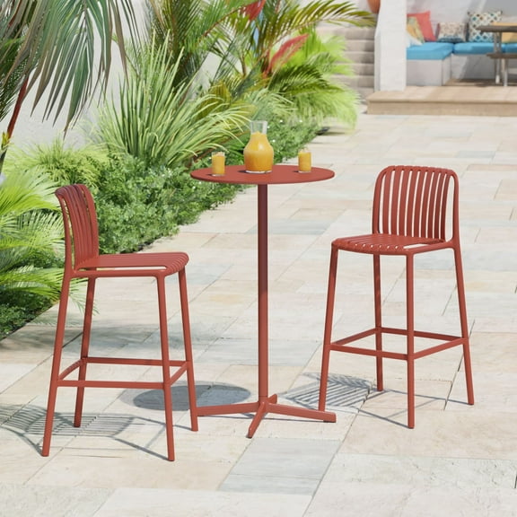 WestinTrends Playa 29.5" Outdoor Modern Polypropylene Plastic Patio Bar Height Stools (Set of 2), Red