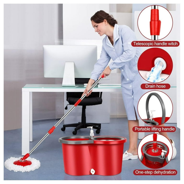 Mop and Bucket Set, 360° Spin Mop and Bucket with Wringer Set and 3  Microfiber Mop Refills, Stainless Steel 61'' Extended Handle Spinning Mop  Bucket
