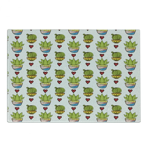 Cactus Cutting Board, Illustration of Colorful Desert Plantation Succulents in Pots and Doodle Hearts, Decorative Tempered Glass Cutting and Serving Board, in 3 Sizes, by Ambesonne