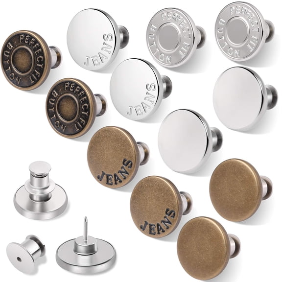 Emlimny 12 Sets Button Pins for Loose Jeans, No Sew and No Tools Jean Buttons Pins,Instant Replacement Snap Tack Pant Button, Reusable and Adjustable Metal Pants Button Tightener