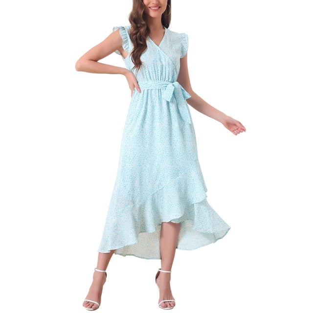Vestido de verano midi sin mangas con estampado floral, escote en V, cinturón y volantes para mujer, azul, talla XS