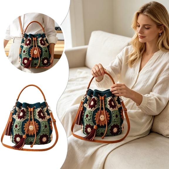 Boho Floral Knit Drawstring Bucket Bag Hand Crocheted Handbag Casual Crossbody Shoulder Purse
