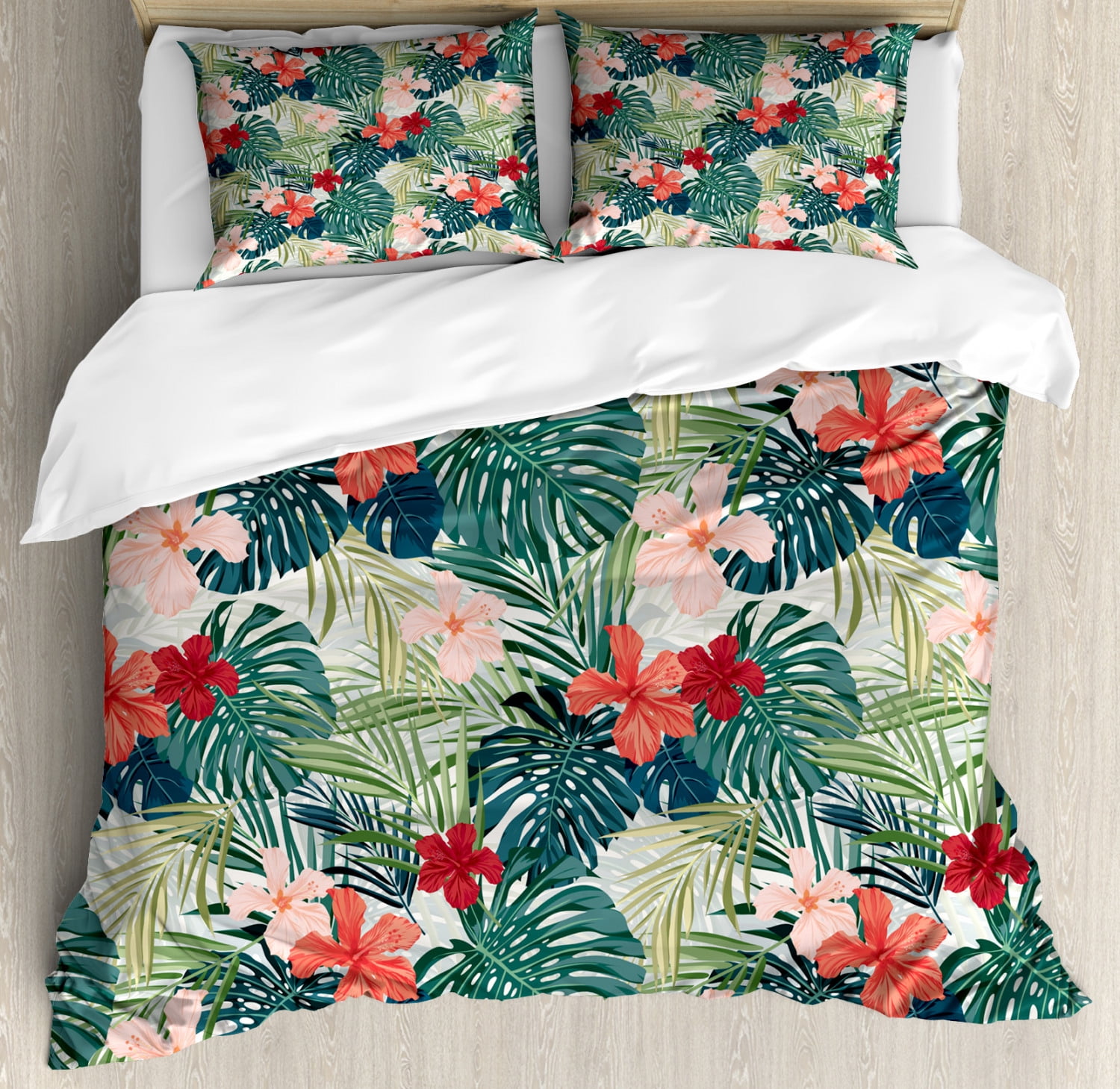 Leaf Duvet Cover Set Queen Size, Summer Beach Holiday Themed Hibiscus ...